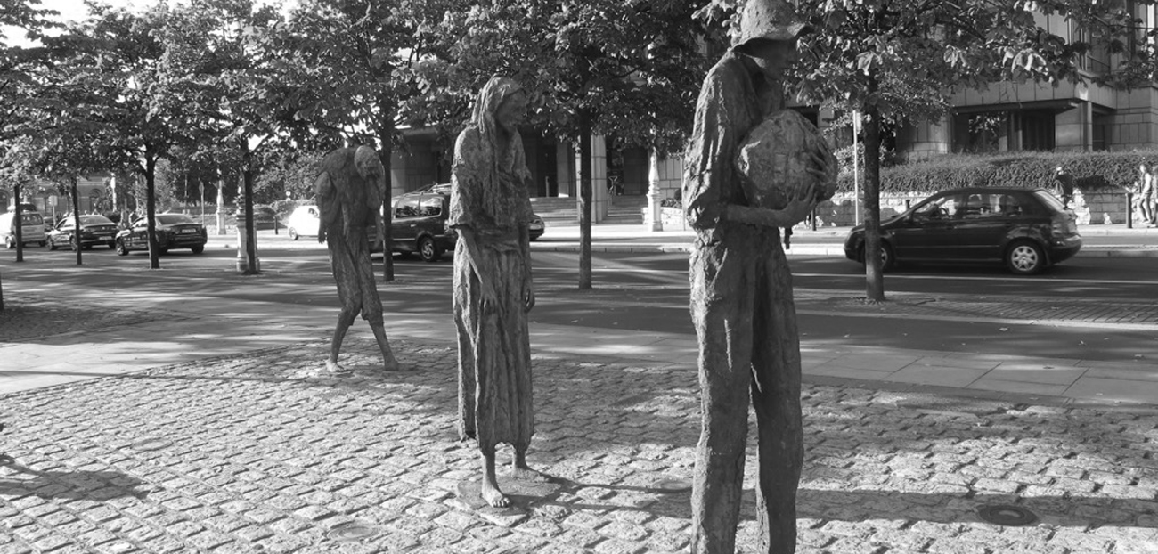 Dedicated in 1997 in Dublin to honor the millions of Irish who variously endured, emigrated or perished, "Famine" by sculptor Rowan Gillespie, is a graphic reminder of the nations most desperate years.